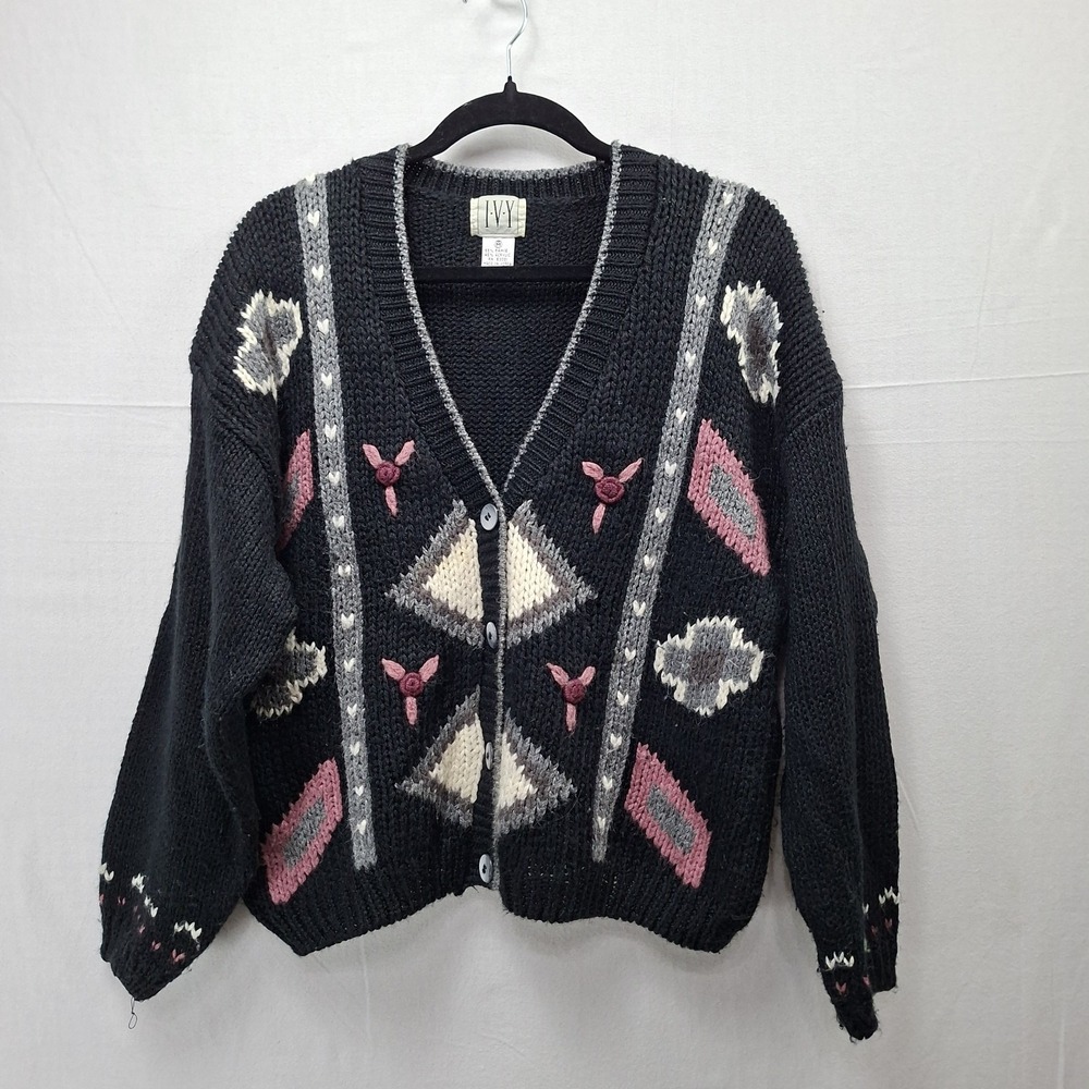 Vtg Ivy Cardigan Sweater Womens Medium Dark Cottagecore Button Up Floral Soft